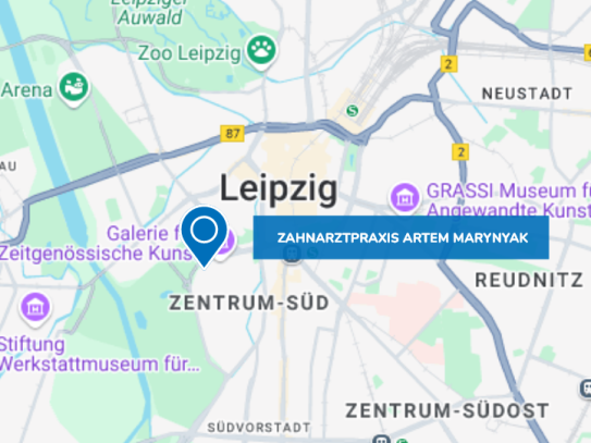 Karte von Leipzig mit Standort der Praxis in der Mitte